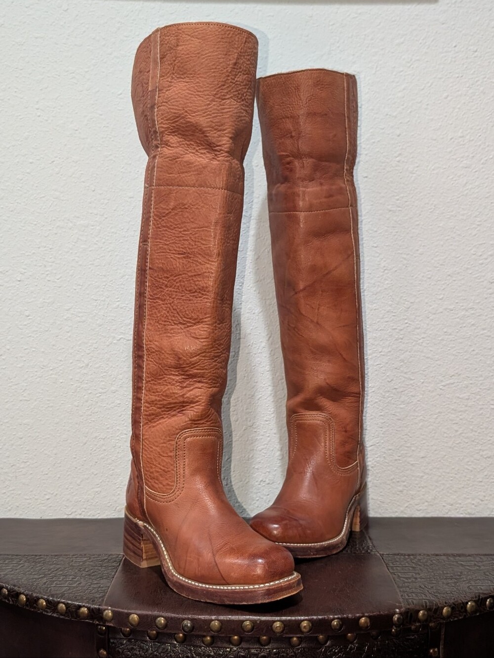 Vintage Frye Made in USA Over The Knee Leather Boots Cognac Brown Size 5.5M